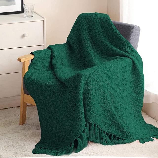 ZIGGUO Thick Chunky Green Knitted Throw Blanket for Couch Chair Sofa Bed, Chic Boho Style Textured Basket Weave Pattern Blanket with Decorative Fringe, 50"x60"
