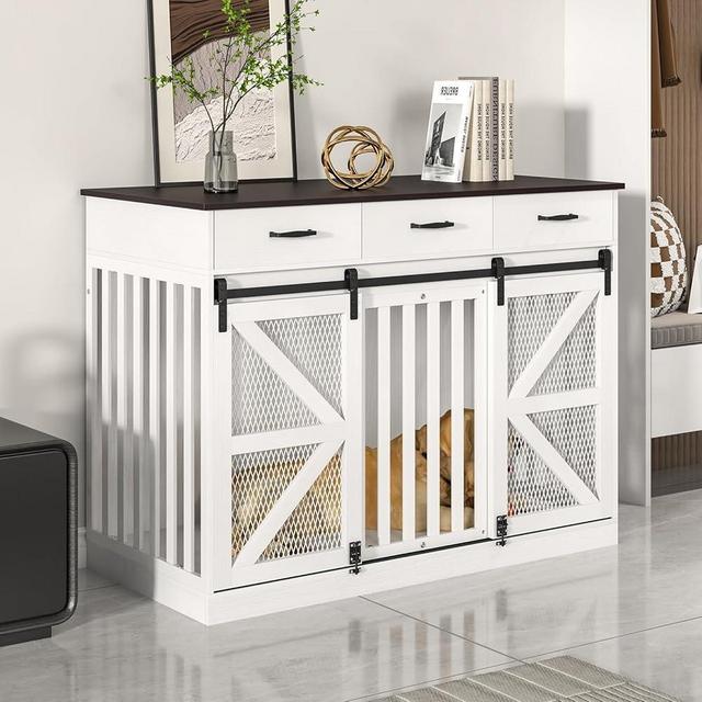 Saudism 2-in-1 Farmhouse Dog Crate Furniture - Wooden Large Dog Kennel with Drawers Storage - Double Doors - Indoor TV Stand - Inner Height: 24 Inches - Ideal for One Big Dog or Two Small Dogs
