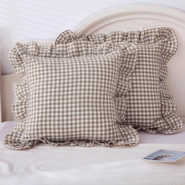 Mywinlle Taupe Plaid Ruffle Decorative Throw Pillow Covers for Couch,2 Pack Vintage Checkered Washed Cotton Pillowcases for Bed, Sofa, Living Room-18"x18"
