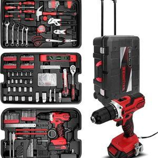 KINGTOOL Home Tool Set Kit - 286 PCS Home Auto Repair Tool Kit with Rolling Tool Box, Mechanic Tool Sets with 21V Max Cordless Power drill, Perfect for Homeowner, Diyer, Handyman