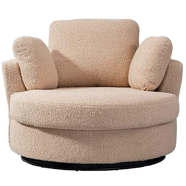 Swivel Accent Barrel Chair Oversized Modern Akili Upholstered Sofa Lounge Club Leisure Chair Round Chair for Hotel Living Room with 3 Pillows (Light Camel Teddy Fabric)