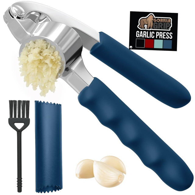 GORILLA GRIP Garlic Press and Peel Set, Heavy Duty Mincer Tool, Large Ergonomic Handle, Easily Mince and Crush Garlics, Ginger, Nuts, Seeds, Peeler Included for Peeling Cloves, Kitchen Gadgets, Blue