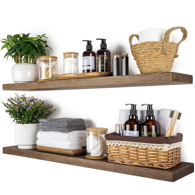 BGMG Wood Floating Shelves 36 inch, Wide Rustic Wooden Wall Shelves for Bathroom Living Room Bedroom Kitchen Farmhouse Set of 2-36x 6.7 x1.25 inch- Walnut Color