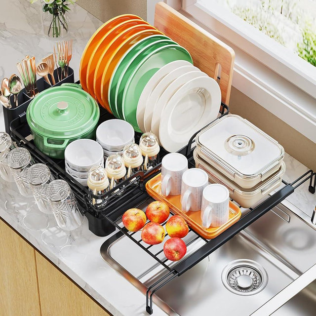 Extendable Dish Drying Rack, 2 in 1 Multifunction Dish Rack for Kitchen Counter, Expandable Dish Drainer Over Sink, Large Dish Strainer with Drainboard & Cups Holder, Black