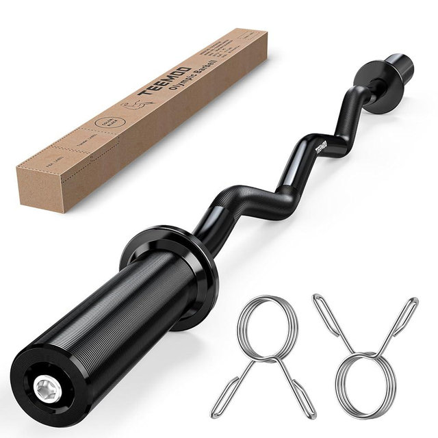 TEEMOO Olympic EZ Curl Barbell Bar, 47" Curl Bar with 2 Spring Collars, Curling bar for Weight Lifting, Squat, Hip Thrusts, Biceps, 500lb Weight Capacity, E-Coat Finish for 2 inch Weight Plates (Black)