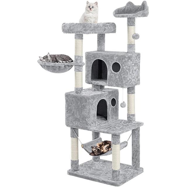 YAHEETECH 64.5in Extra Large Multi-Level Cat Tree Kittens Play House Condo with Platform, Perch Hammock & Scratching Posts, Light Gray