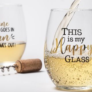 Funny & Happy Stemless Wine Glasses, Set of 2