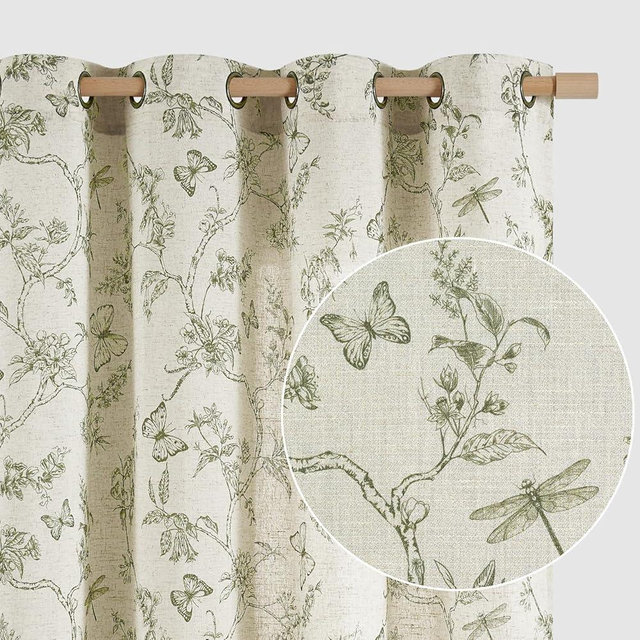 Lazzzy Linen Farmhouse Curtains Green Floral Curtains 63 Inch Length Drapes for Living Room Bedroom Pattern Light Filtering Country Vintage Curtain Grommet Top, 2 Panels, Green on Beige
