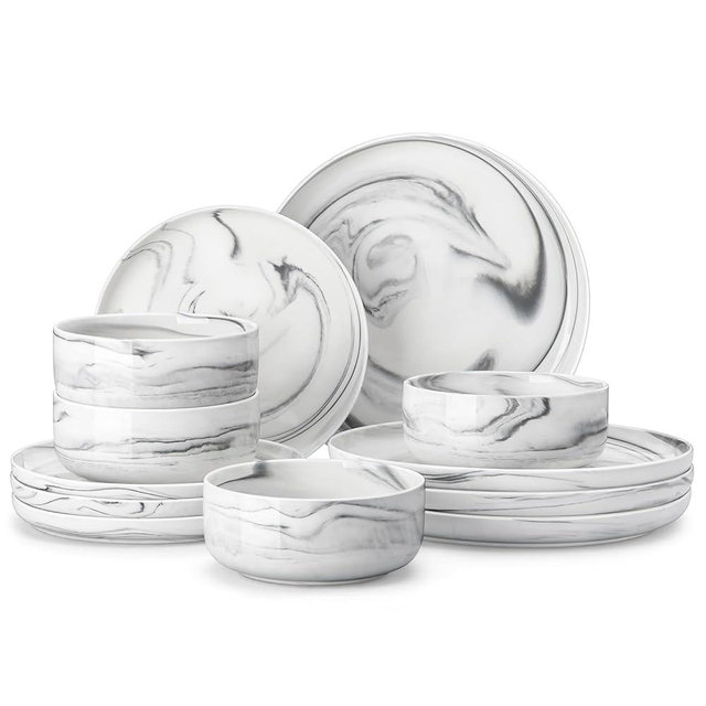 MALACASA Plates and Bowls Sets, 12 Pieces Porcelain Dinnerware Sets Dishware Sets Chip Resistant Ceramic Dish Set Dining Dinner Ware Service for 4, Marble Grey, Series LUNA