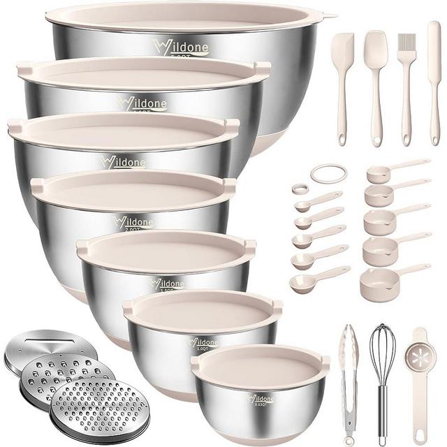 Wildone Mixing Bowls Set of 5, Stainless Steel Nesting Bowls with Lids, 3  Grater Attachments, Measurement Marks & Non-Slip Bottoms, Size 5, 3, 2,  1.5