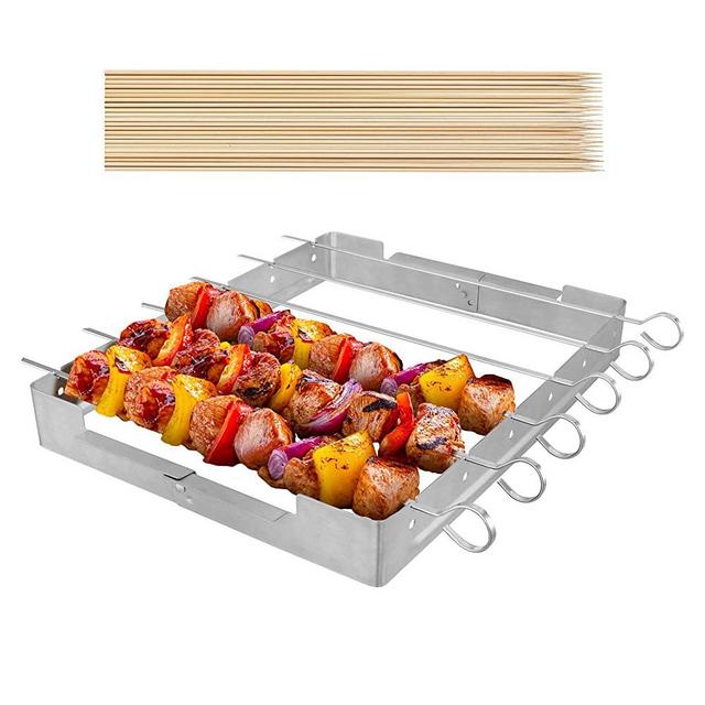 UNICOOK Upgraded Stainless Steel Barbecue Skewer Shish Kabob Set, 6pcs 13.5"L Skewer Sticks with Foldable Large Grill Rack, Keeps Kabobs from Sticking to the Grill Grate, 50pcs Bamboo Skewers as Bonus