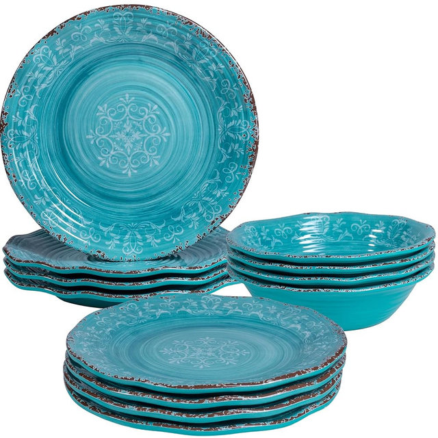LEHAHA Luxury Thicker but lightweight 100% melamine dinnerware set, set of 4, Unbreakable Farmhouse plates and bowl dishes set, Elegant Scalloped rim dinner serving plate sets. Dishwasher Safe, Teal