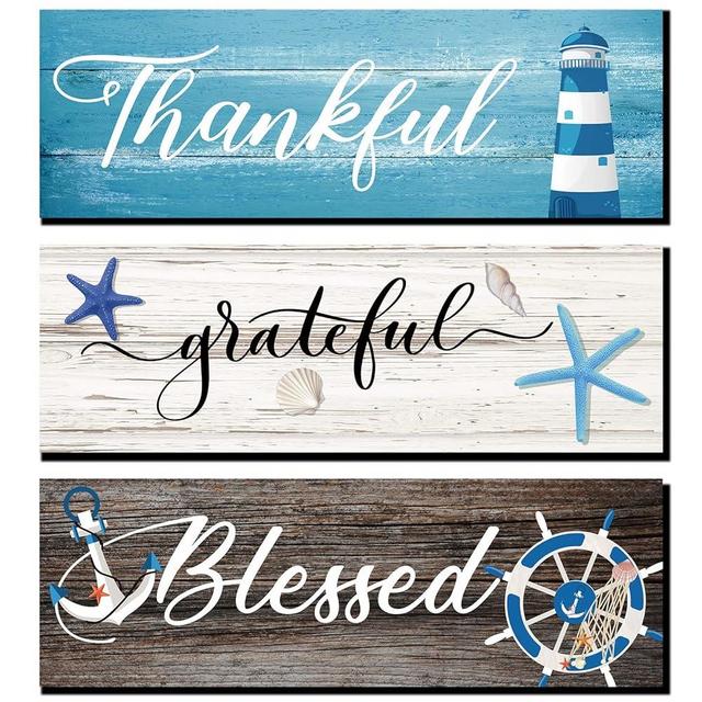 Yookeer 3 Pieces Thankful Grateful Blessed Wooden Signs Coastal Rustic Wood Signs Wall Decor Beach Wood Front Hanging for Farmhouse Outdoor Decor(Coastal Style)