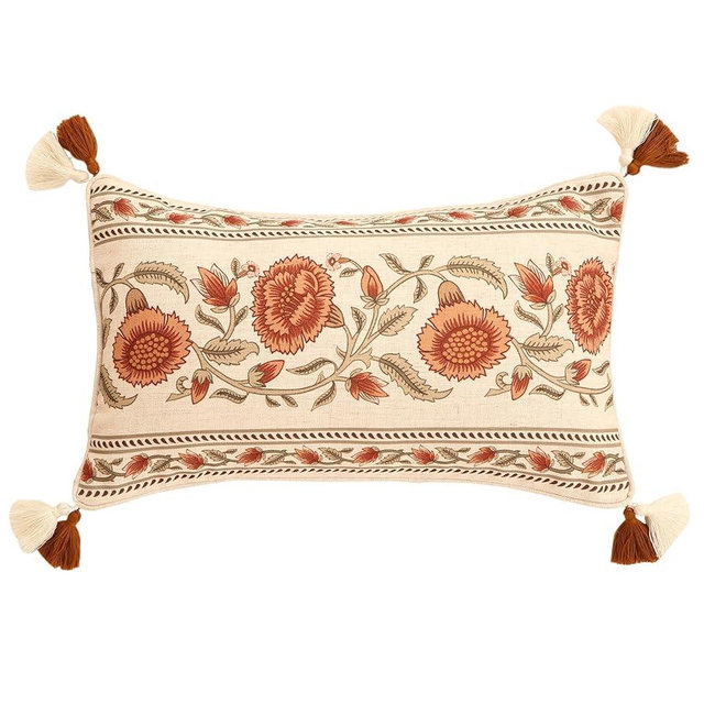ISAENNE Design Linen Rectangle Vintage Throw Pillow Covers 12"x20", Brick Red Cushion Covers with Orange Floral Green Leaves Pattern Decor Pillowcases for Bed,Living Room,Outdoor,Car