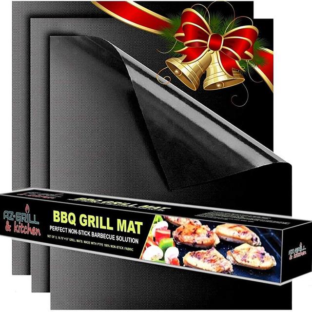 Grill mat Set of 3 - BBQ Grill Mats Non Stick Reusable - Grilling mats for Gas Grill - Baking Pads Nonstick use on Charcoal Electric Grills - Easy to Clean Outdoor Barbeque Grilling Accessories Black