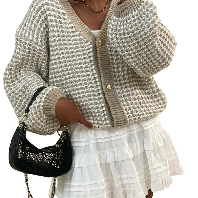 SISKIN Cardigan Sweaters for Women 2025, Button-Up V-Neck Waffle Knit Balloon Sleeve Oversized Cardigan