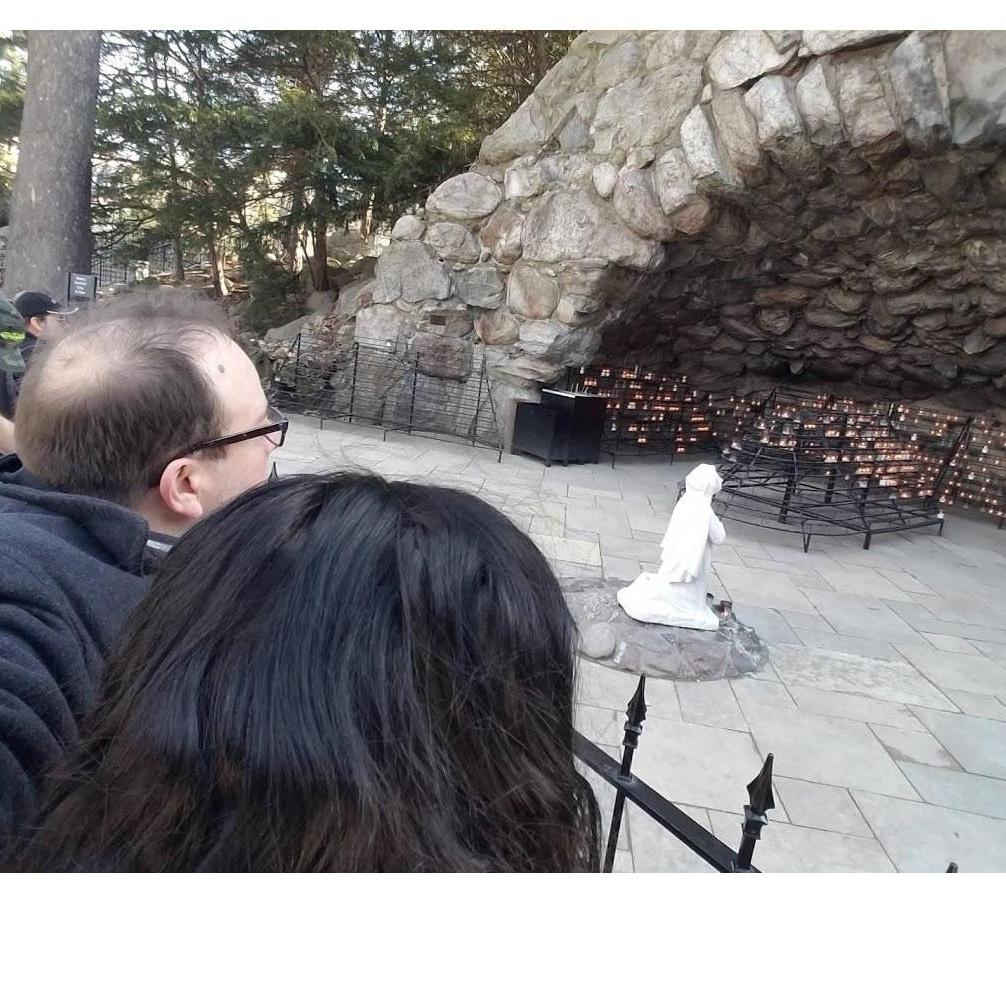 At the Grotto, a 1/7th scale replica of the Shrine at Lourdes where Our Blessed Mother appeared to St. Bernadette. Praise Thee Notre Dame! March 2020