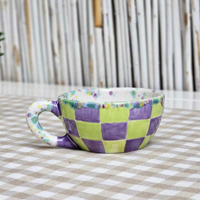 Handmade Checkered Purple and Green Mug|Ceramic gingham coffee mug|250 ml purple and green gingham mug