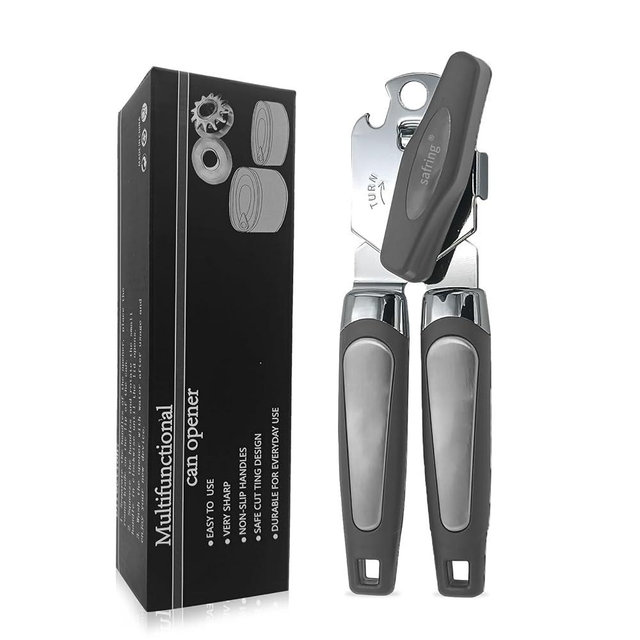 Safring Can Opener Manual, Handheld Strong Heavy Duty Stainless Steel Can Opener, Comfortable Handle, Sharp Blade Smooth Edge, Can Openers with Multifunctional Bottle Opener, Gray