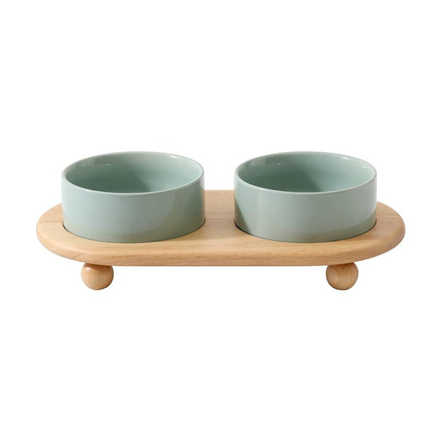 Havniva Ceramic Elevated Cat Food and Water Bowl, Kitty Bowl, Raised Cat Dish, Cat Feeder (2 x Light Green + Stand)