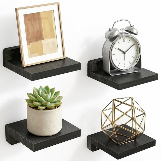 Fixwal Wall Shelves, 5x5 Inches Small Floating Shelf, Rustic Wood Wall Mounted Shelves for Bedroom, Living Room, Kitchen, Bathroom Decor (Set of 4, Black)