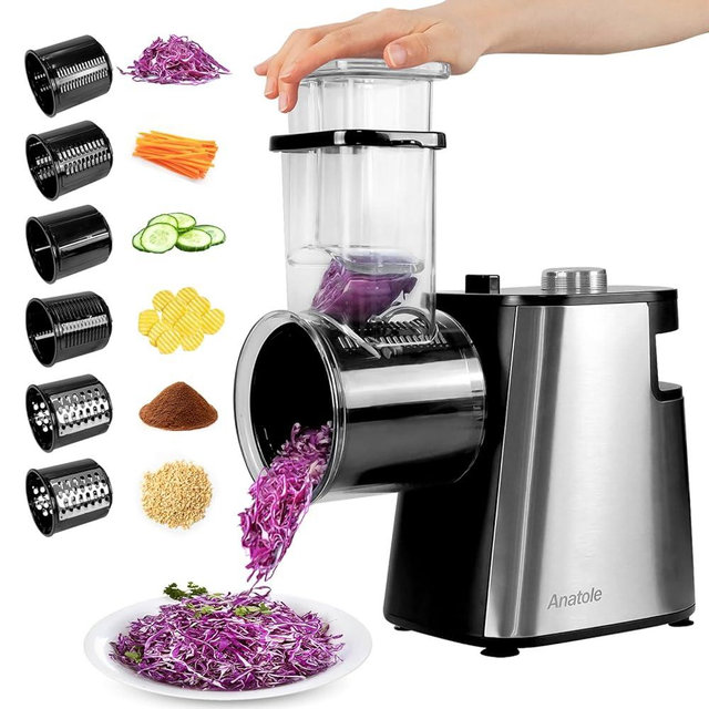 Anatole Electric Cheese Grater Stainless Steel Vegetable Shredder 6 Blades 250W Large Inlet Outlet BPA-Free 110V