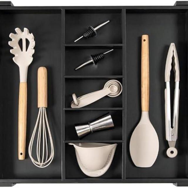 KitchenEdge Adjustable Kitchen Drawer Organizer for Utensils and Junk, Expandable to 19 to 33 Inches Wide, 9 Compartments, Food-Safe Contract Grade Black Finish with 100% Sustainable Bamboo Wood