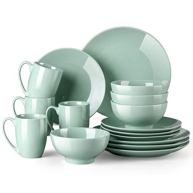 Round Dinnerware Set for 4, 16-Piece Green Dishes Dinnerware Sets, LOVECASA Ceramic Dishes Set with Dinner Plates, Dessert Plates, Bowls and Mugs, Microwave Dishwasher Safe, Light Green