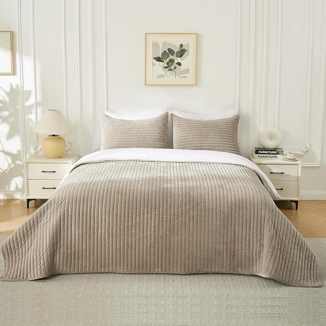 Ranunculus Breathable Velvet Quilt Set King Size, 3 Piece Soft Quilted Blanket with 2 Pillow Shams, Lightweight Striped Bed Sheet Cover Bedspreads Coverlet for All Seasons (Taupe, King)
