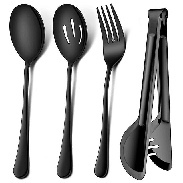 LIANYU 3 Large Black Serving Spoons, 3 Black Slotted Serving Spoons, 3 Black Serving Forks, 3 Black Serving Tongs, 9.8 Inch Stainless Steel Buffet Catering Serving Spoons Forks Set, Dishwasher Safe