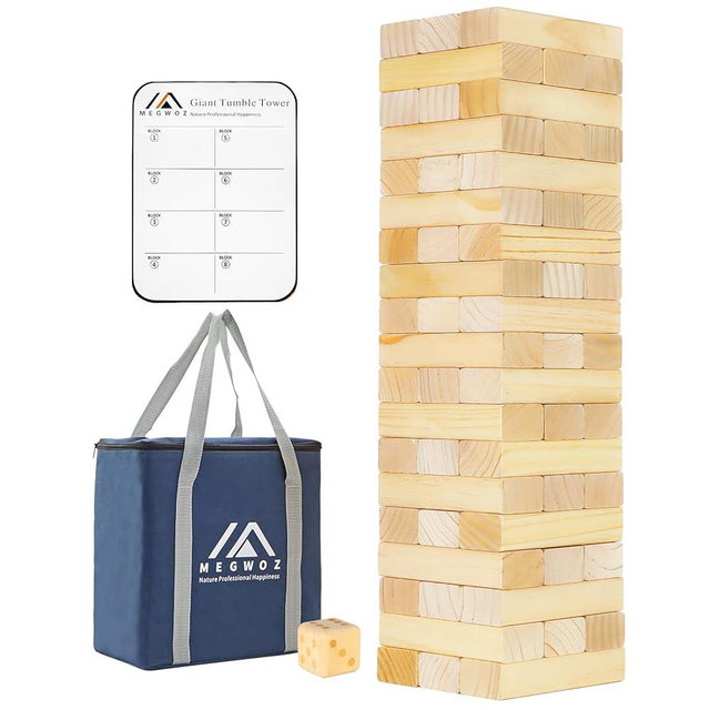 Megwoz Medium Tumble Tower Games for Kids and Adults 57 Blocks New Zealand Pine Wooden Blocks Stacking to 3FT Family Game for Indoors Outdoors Yard Games for Family