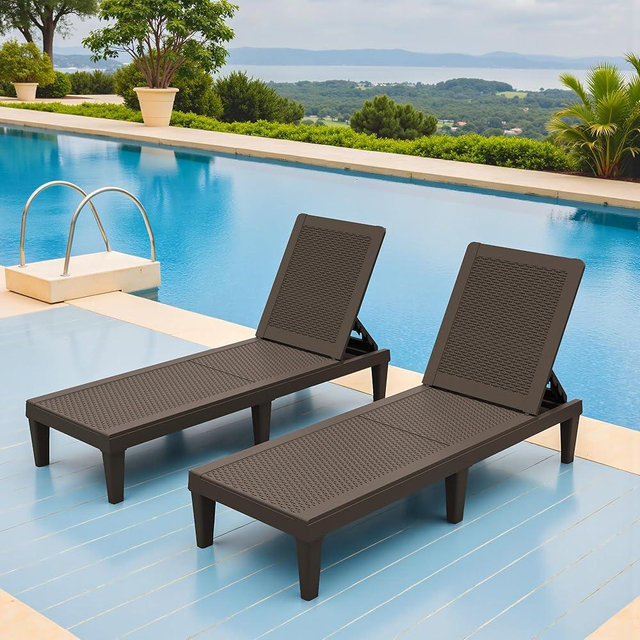 Greesum Outdoor Chaise Lounge Chair Set of 2 for Patio Poolside, Waterproof & Adjustable & Easy Assembly Sun Lounger for Outside Deck, Pool, Beach, Brown
