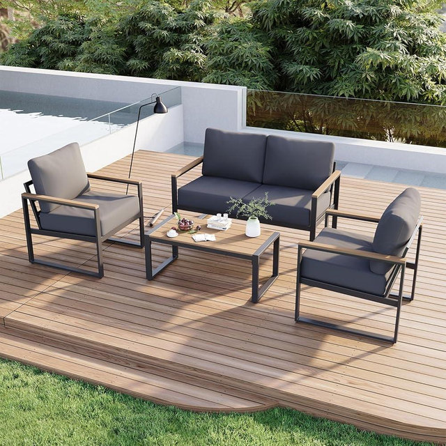 Aoxun Patio Furniture Set, 4 Piece Outdoor Patio Furniture with Thick Cushions, Modern Metal Outdoor Conversation Sets with Coffee Table for Porch, Balcony, Deck Dark Grey