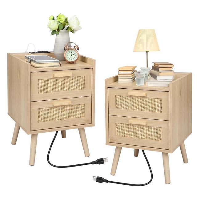 Finnhomy Nightstand with Charging Station, Bedside Table with 2 Hand Made Rattan Decorated Drawers, Night Stand with Storage for Bedroom, Natural, Set of 2
