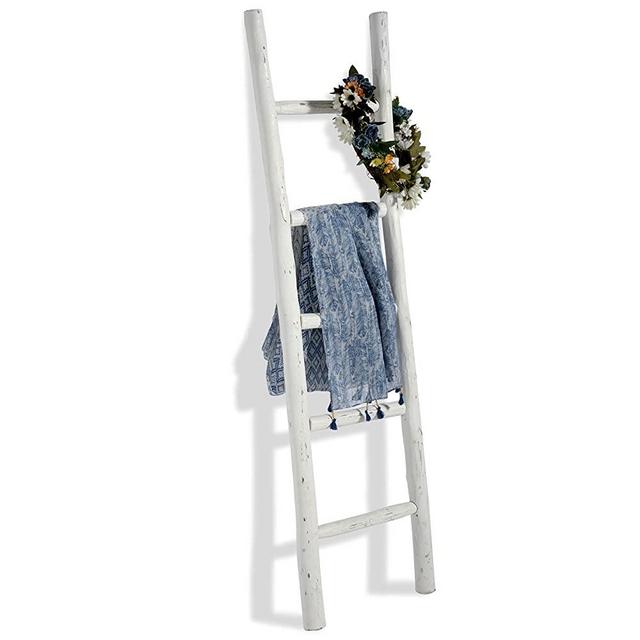 FUIN 5 Ft Wood Decorative Wall Leaning Blanket Ladders Quilt Towel Display Bathroom Storage Rack Shelf Holder Rustic Farmhouse, White