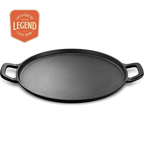 Legend Cast Iron Pizza Pan | 14” Steel Pizza Cooker with Easy Grip Handles | Deep Stone for Oven or Griddle for Gas, Induction, Sauteing, Grilling | Lightly Pre-Seasoned Cookware Gets Better with Use