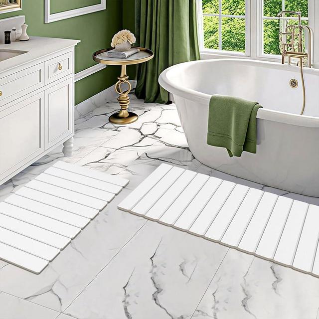 Setguopal 2 Pack Foldable Stone Bath Mats, White Super Absorbent Diatomaceous Earth Bath Rug, Non-Slip Shower Mat, Quick-Drying Bath Rug and Drying Mat for Tub and Shower