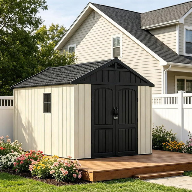 Devoko 8x10 FT Resin Storage Shed with Floor, Outdoor Plastic Garden Sheds with Window and Lockable Door, Kick-it Tool Shed for Patio Backyard Lawn, Beige