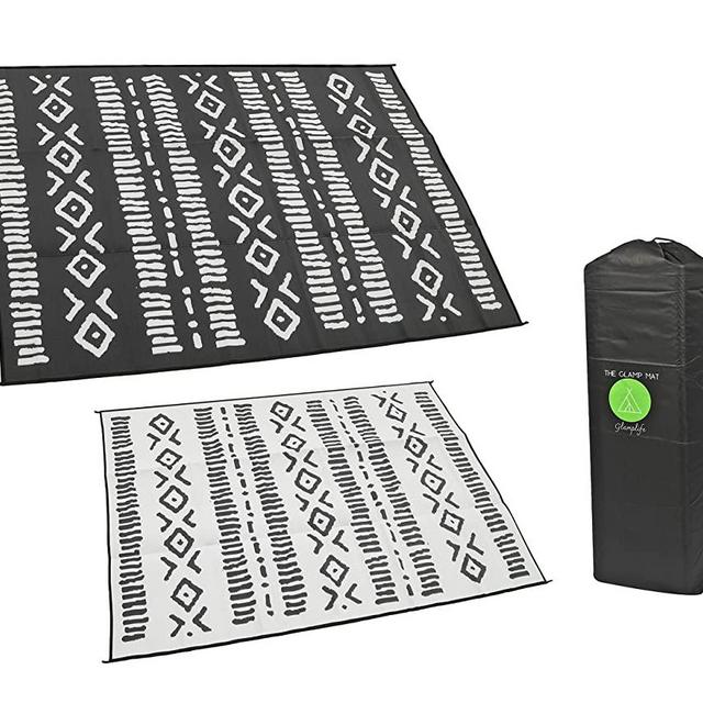 RV Mat - Recycled Reversible RV Rug - Camping Rugs for Outside Your RV - 9x12 Black and White Tribal - Large Outdoor Rugs for patios or awnings - Portable mat - Waterproof Rug