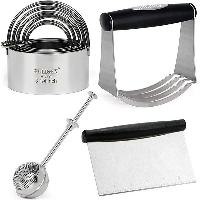 HULISEN Pastry Cutter, Dough Blender, Flour Shaker Duster and Biscuit Cutter, Stainless Steel Dough Cutter, Professional Baking Dough Tools for Cooking Cookies and Donuts(4 Pcs/Set)