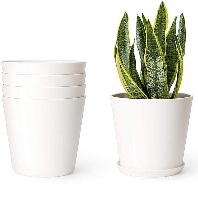 Mkono 6.5" Plastic Planters with Trays, Indoor Set of 5 Flower Plant Pots Modern Decorative Gardening Pot with Drainage Hole for All House Plants, Herbs, Foliage Plant, and Seed Nursery, Cream White