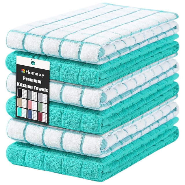 Homaxy Premium Cotton Kitchen Towels 16"x 28", Large Natural Ring Spun 390 GSM Dish Towels, Super Absorbent Terry Kitchen Hand Towels, Soft Tea Towels with Hanging Loop, Aqua Check Design, 6 Pack