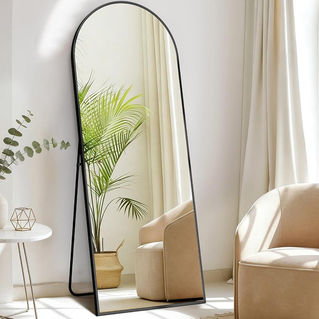 DUMOS Arched Full Length Mirror with Stand Floor Standing Aluminum Frame for Bedroom Body Hanging Leaning Modern Simple Home Decor Shatter-Proorf Nano Glass Wall Living Room Cloakroom Black 58"x19"