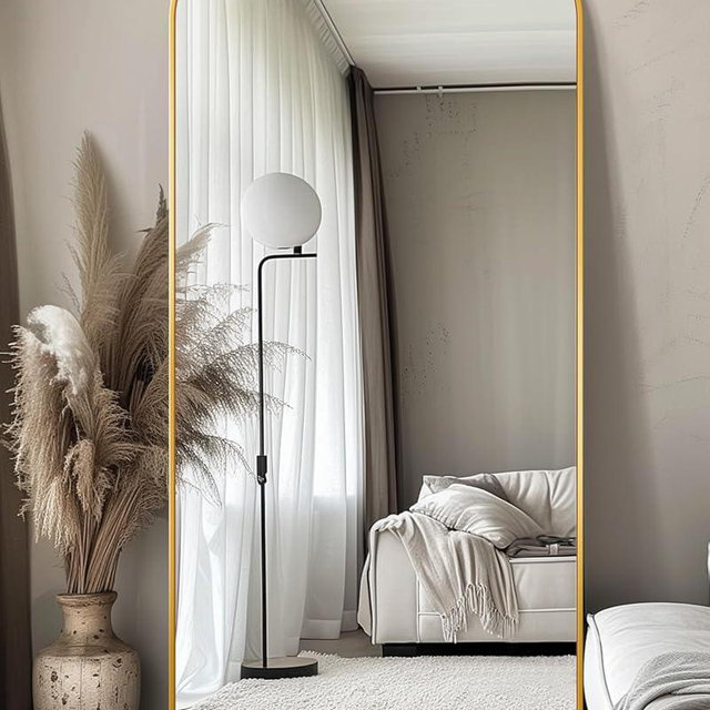 Antok Full Length Mirror, 76"x34" Floor Mirror Freestanding, Arched Floor Standing Large Mirror Full Body Mirror with Stand for Bedroom, Hanging Mounted Mirror for Living Room, Gold