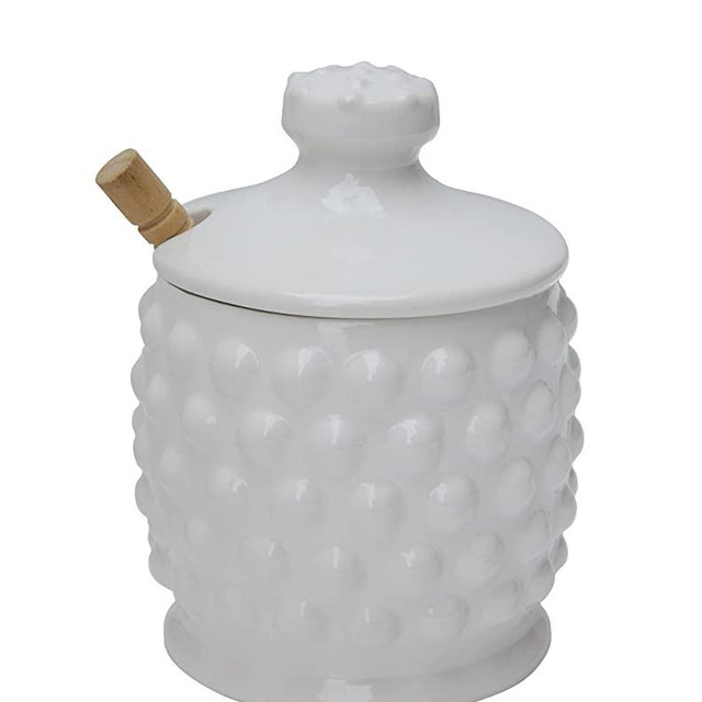 Creative Co-op Ceramic Hobnail Style Honey Jar with Lid & Wood Dipper (Set of 2 Pieces), White