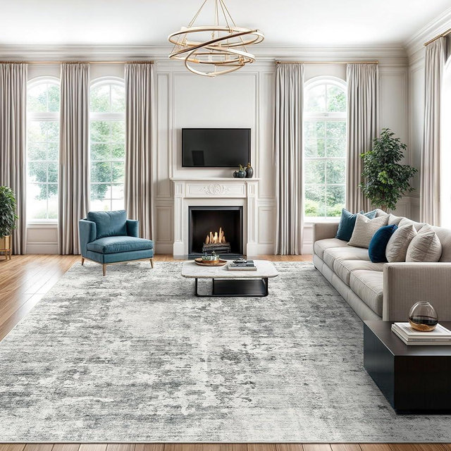 Soalmost Abstract Rug 8x10 Large Living Room Rugs Neutral Modern Washable Area Rugs for Bedroom Dining Room Non-Slip Stain Resistant Foldable Thin Rug Gray White