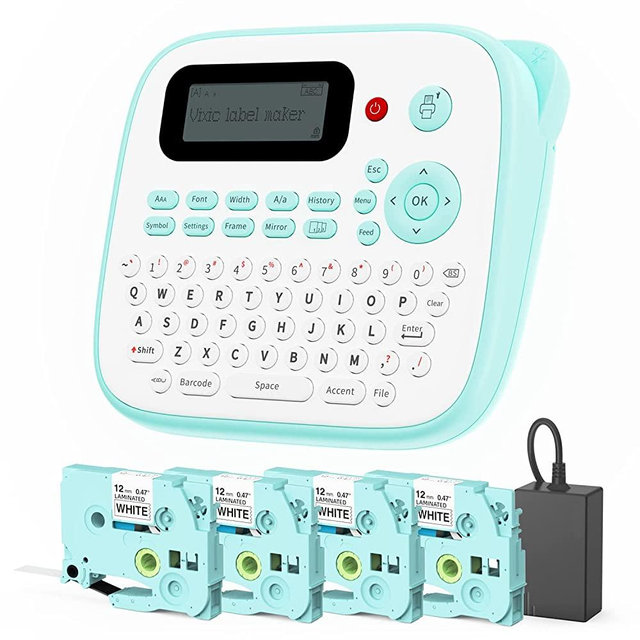 Vixic Portable Label Maker Machine with Tape,D210S Labeler Label Printer,QWERTY Keyboard,Sticker Makers for Labeling with 4 Laminated Tapes,AC Adapter for Home School Kids Office Organization