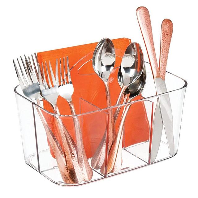 mDesign Plastic Cutlery Storage Organizer Caddy Bin - Tote with Handle - Kitchen Cabinet or Pantry - Basket Organizer for Forks, Knives, Spoons, Napkins - Indoor or Outdoor Use - Clear
