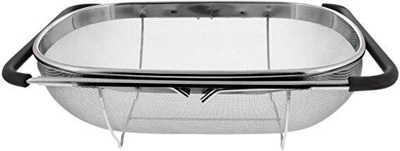 U.S. Kitchen Supply - Premium Quality Over The Sink Stainless Steel Oval Colander with Fine Mesh 6 Quart Strainer Basket & Expandable Rubber Grip Handles - Strain, Drain, Rinse Fruits, Vegetables