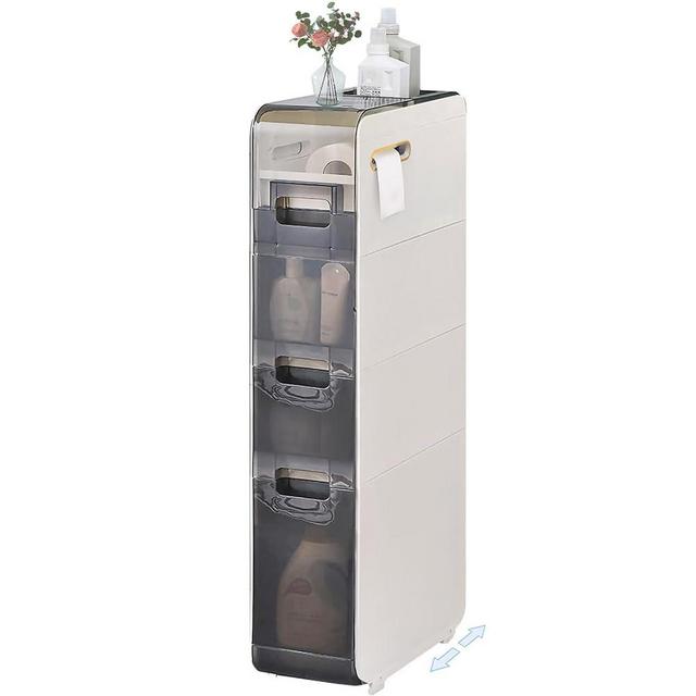 WEAFIEO 4-Tiers Bathroom Floor Storage Cabinet Narrow Slim Tall Movable Towel Organizer Side Freestanding Rolling Unit with Clear Drawers for Small Space Laundry Living Room Gap